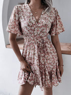 Short Sleeved Printed Chiffon Sexy Dress Women V Neck Elegant Mini Dresses