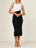 Cutout Panel Contrast Rib Knit Crew Neck Sleeveless Elegant Dress