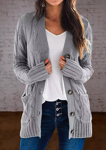 Button Pocket Sweater Long Sleeve Cardigan - Light Grey