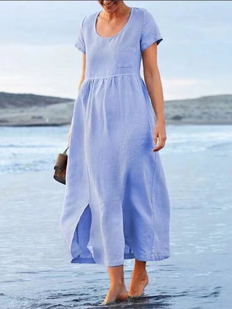 Cotton Linen Round Neck Short Sleeve Pocket Irregular Hem Dress