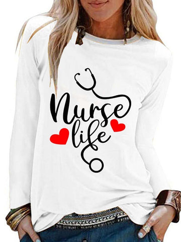 Nurseeireg Letter Print Casual Crew Neck Long Sleeve T-shirt