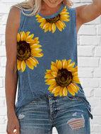 Sunflower Pattern Printed Round Neck Sleeveless Tank Top T-shirt