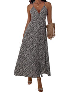 Sleeveless Casual Print Sling Halter Dress Maxi Chiffon Midi Dresses For Women