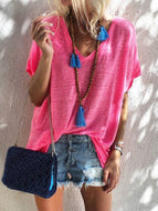 V-neck candy-colored loose-sleeved women's T-shirt