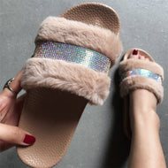 Plus Size Plush Slippers One Word Flat Women's Rhinestone Fur Slippers