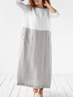 Cotton and Linen Stitching Dress Round Neck Three-quarter Sleeve Skirt