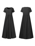 Cotton Linen Round Neck Short Sleeve Pocket Irregular Hem Dress