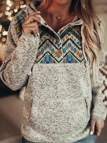 Western Geometric Print Long Sleeve Hooded Sweatshirt