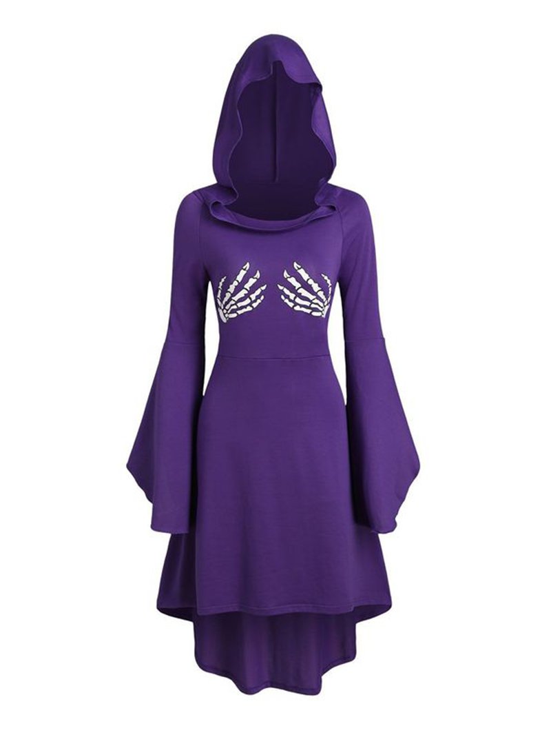 Hooded flared sleeves Slim Skeleton Hand Print Witch Dress Witch Robe