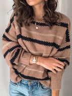 Women's Fashion Casual Metallic Striped Round Neck Knitted Sweater Shirt