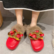 Metal Chain Lazy Slippers with Faux Fur