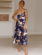 Ladies Deep V Neck Sexy Floral Sling Dresses Hem Slit Midi Skirt For Casual