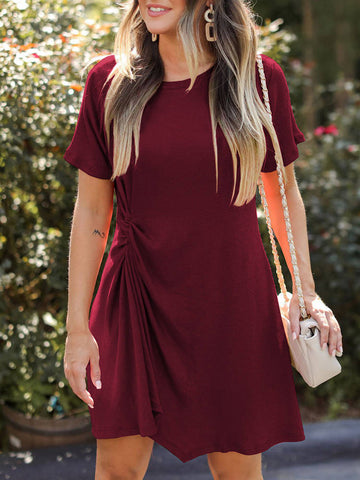 Solid Color Casual Pleated Crew Neck Pullover Short Sleeve T-Shirt Dress Fashion Skirt