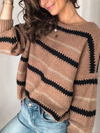 Women's Fashion Casual Metallic Striped Round Neck Knitted Sweater Shirt