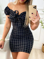 Plaid Print Leaky Shoulder Sexy Buttock Hip Short Skirt Dresses Club All Match Mini Dress