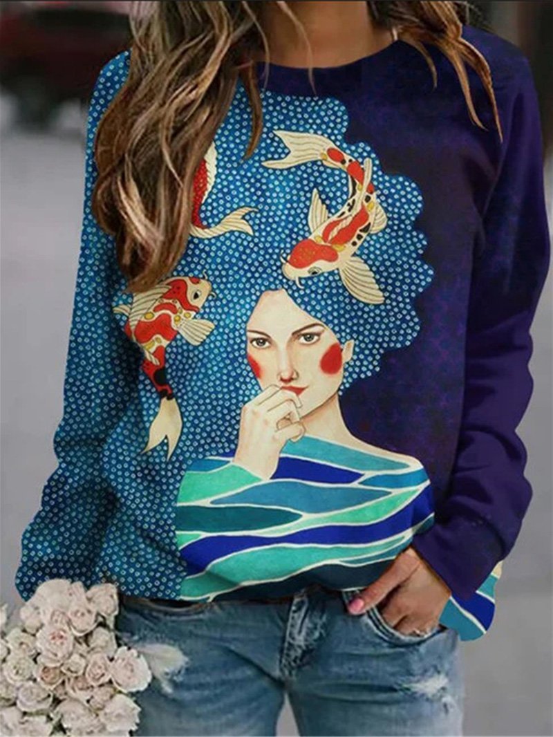 Fashion Face Print Round Neck Long Sleeve Pullover Loose Sweater