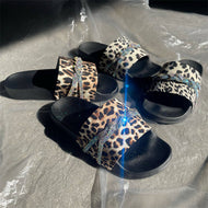 Leopard Print Sandals Flat Bottom Large Size European and American Wear Bright Diamond Slippers