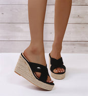 Bohemian Platform Hemp Wedge Crossover Roma Slides Slippers For Plus Size