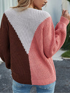 Women's Loose Stitching Contrast Color Knitted Round Neck Sweater