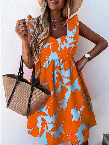 Popular Square Neck Print Fashion Swing Dress