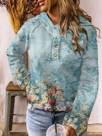 Long Sleeve Hoodie Cotton-Blend Floral Sweatshirt