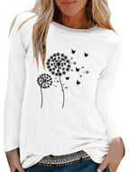 Spring and summer new dandelion printing women's long sleeve T-shirt round neck loose