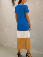 Summer New Style Stitching Contrast Color V-neck Short-sleeved Long Dress