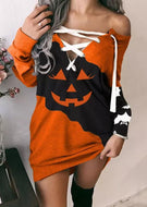 Halloween Pumpkin Face Lace Up Mini Dress - Orange