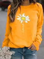 Sunflower Print Crew Neck Long Sleeve Fleece Sweatshirt