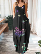 Women Fashion Butterfly V-Neck Sleeveless Sling Maxi Dress Loose Big Swing Long Robes