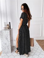 Sexy Short Sleeve V-Neck Bohemian Polka Dot Print Dress Maxi Dresses For Beach