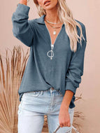 Casual solid loose zipper V-Neck long sleeve large loose pit stripe T-shirt